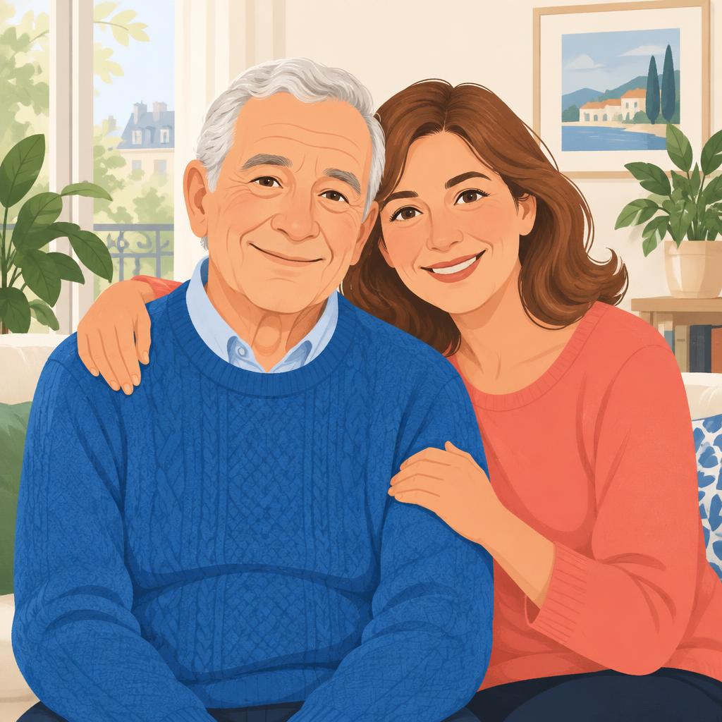 Illustration d'un père âgé et de sa fille souriants